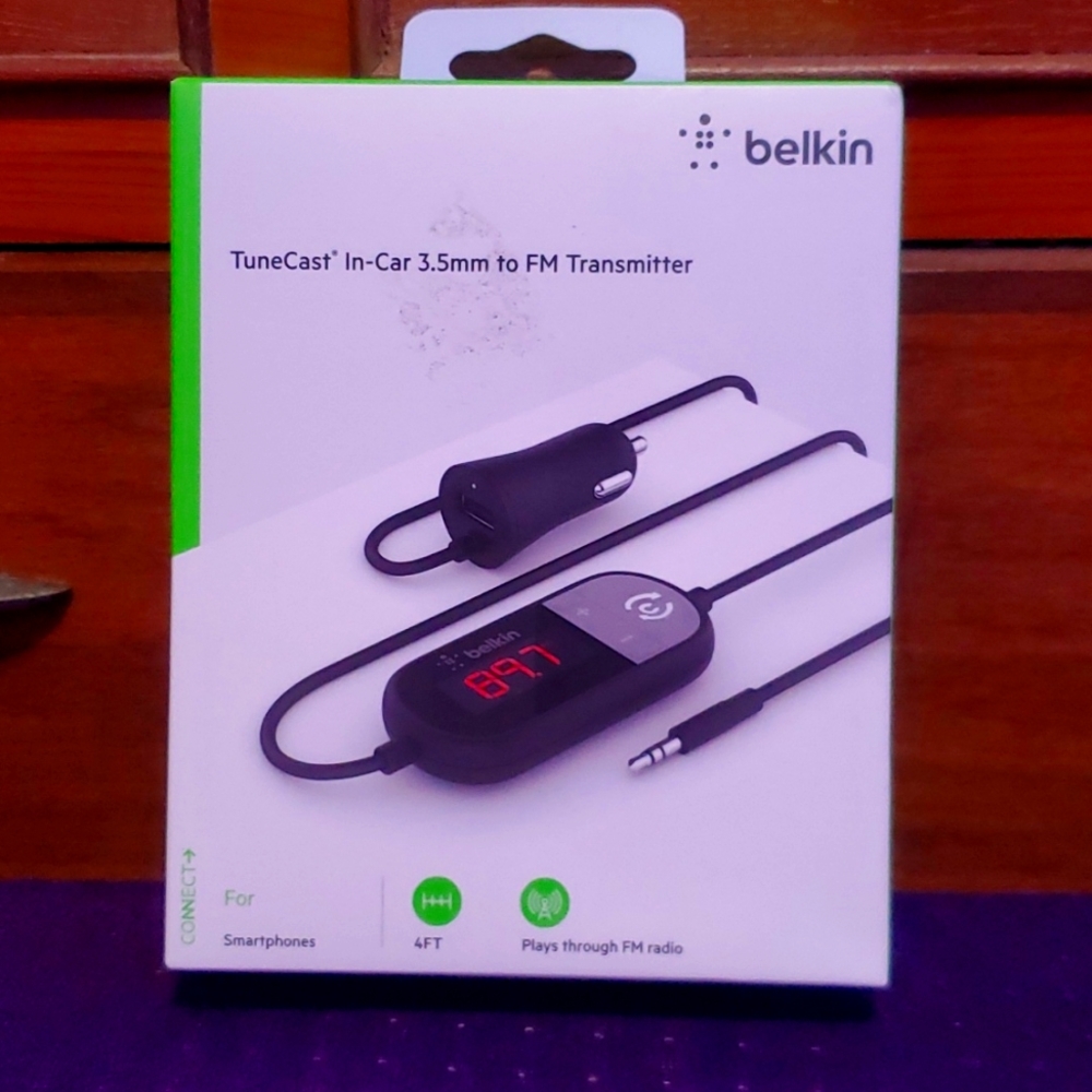 Belkin tunecast in-car 3.5mm to FM transmitter.  For smartphones